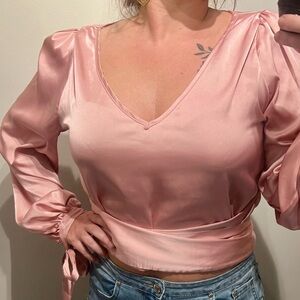 Pink Satin Cropped Long Sleeve VNeck Top with Bow Ties at Wrists and Back Size L